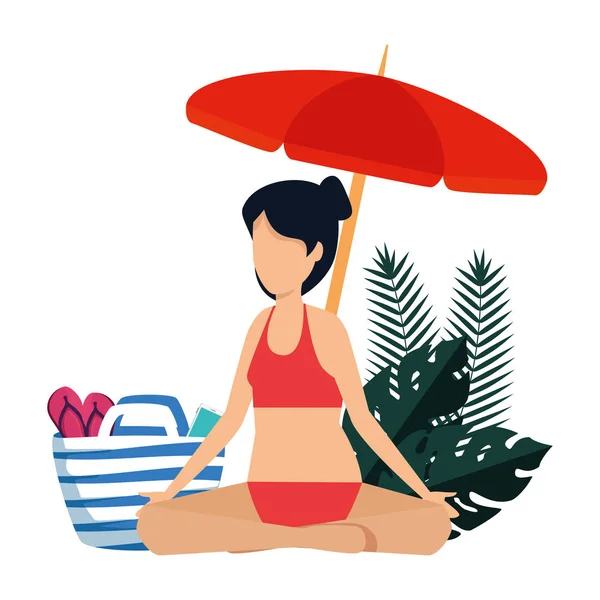 Beautiful woman practicing yoga with umbrella and summer icons — Stock Vector