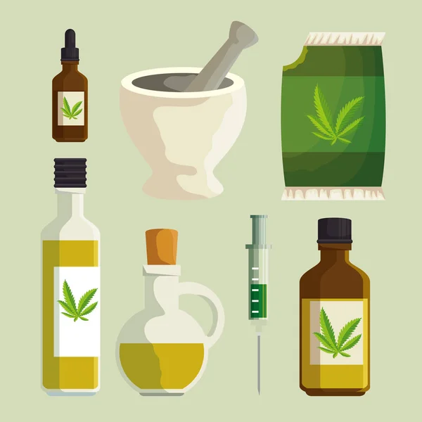 Uppsättning av cannabis natur växt och olja ört i kristall flaskor — Stock vektor