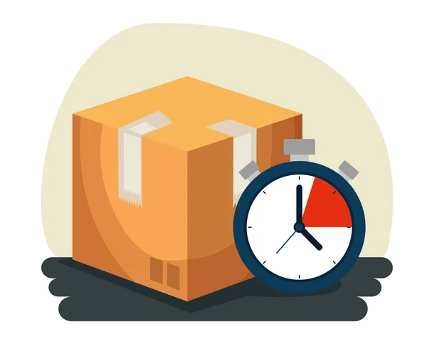 Box package with chronometer and transportation distribution — Stock Vector