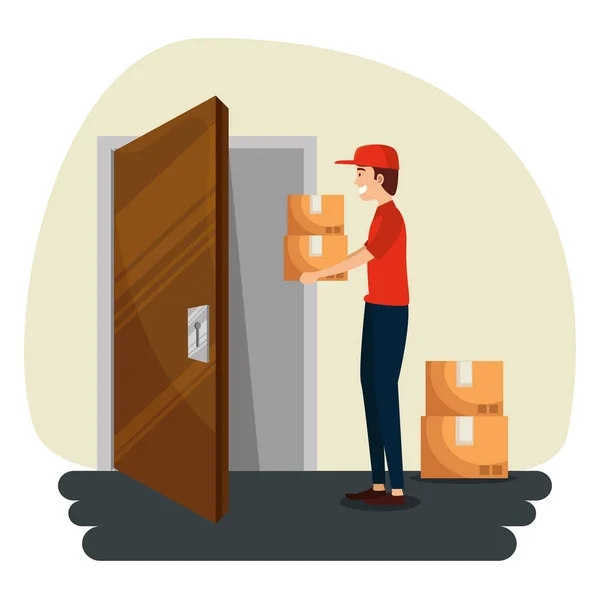 Delivery man i dörren ge ut lådor paket — Stock vektor
