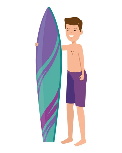 Jeune homme avec maillot de bain et planche de surf — Image vectorielle