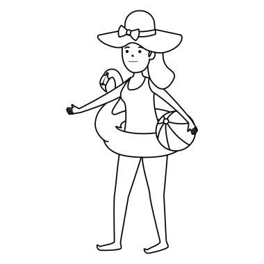 flaman şamandıra ve balon plaj oyuncak ile mutlu genç kız