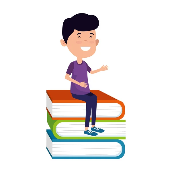 Menino estudante feliz sentado em livros de pilha — Vetor de Stock