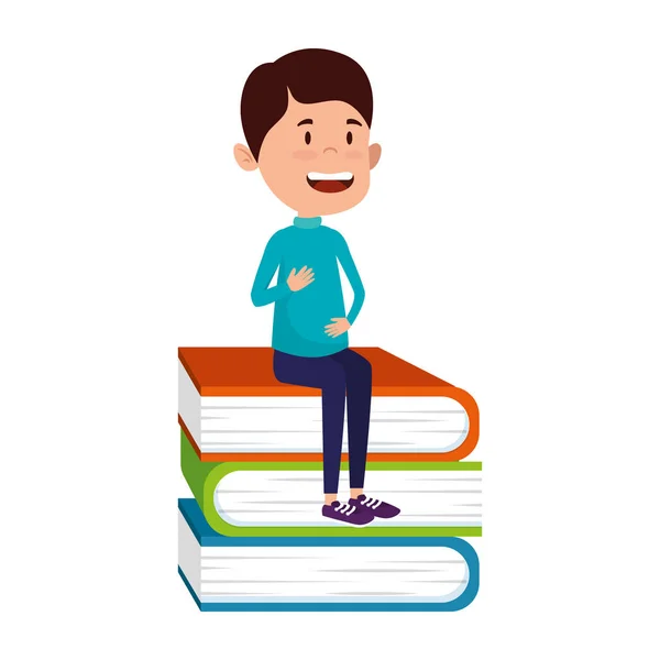 Heureux étudiant garçon assis dans pile de livres — Image vectorielle