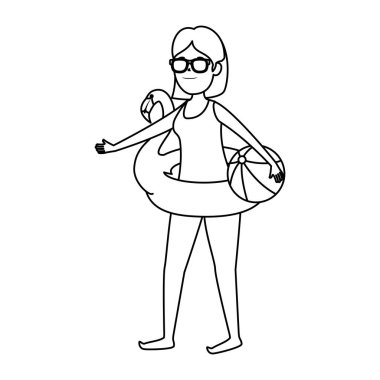 flaman şamandıra ve balon plaj oyuncak ile mutlu genç kız