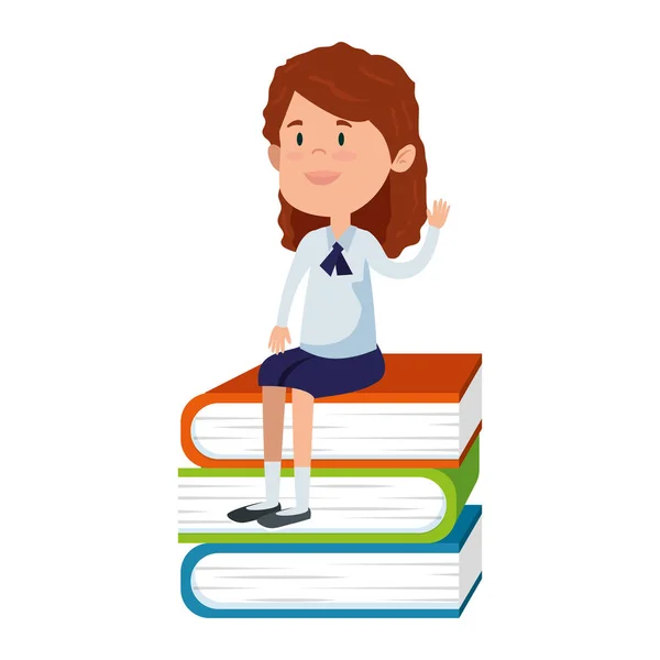 Felice studentessa seduta in pile libri di testo — Vettoriale Stock