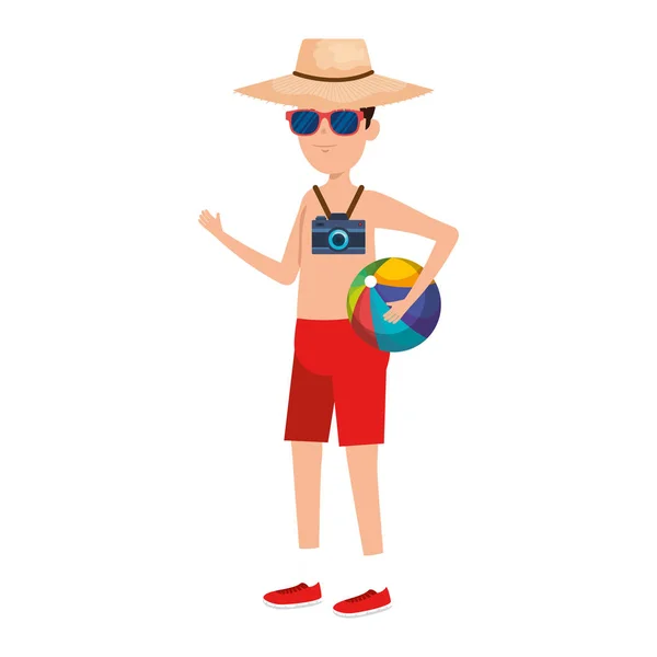 Joven con traje de baño y playa globo — Vector de stock