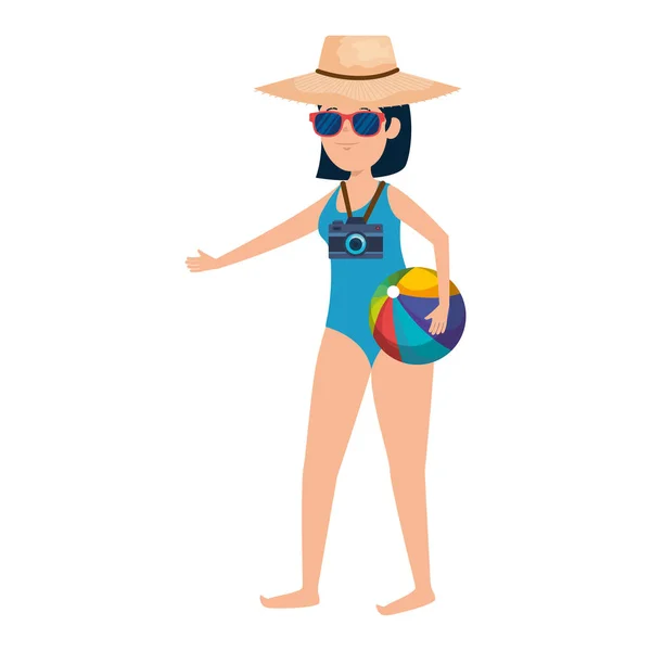 Mujer joven con sombrero de paja y playa globo — Vector de stock