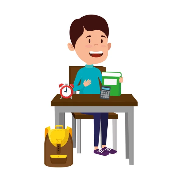 Happy student boy with supplies seated in school desk — Stock Vector