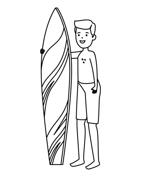 Joven con traje de baño y tabla de surf — Vector de stock