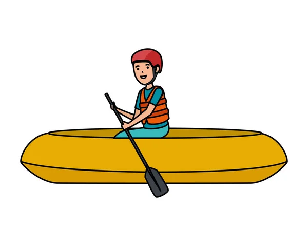 Niño atlético feliz en carácter kayak — Vector de stock