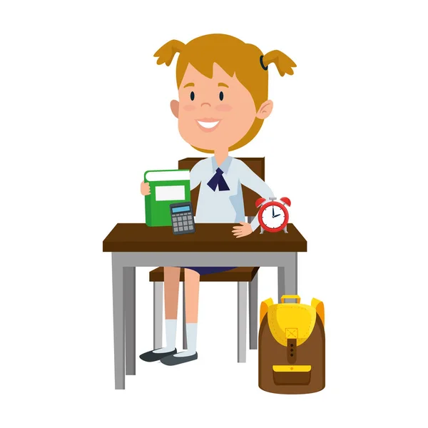 Ευτυχισμένο μαθητή κορίτσι με προμήθειες κάθονται στο σχολικό γραφείο — Διανυσματικό Αρχείο