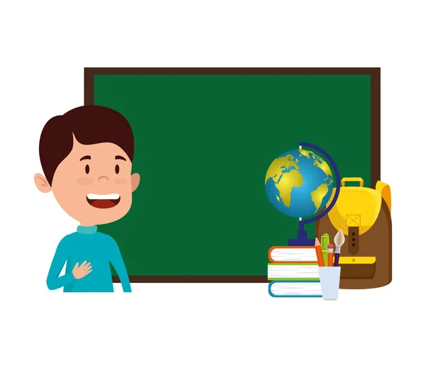 Niño estudiante feliz con pizarra y mapa del mundo — Vector de stock