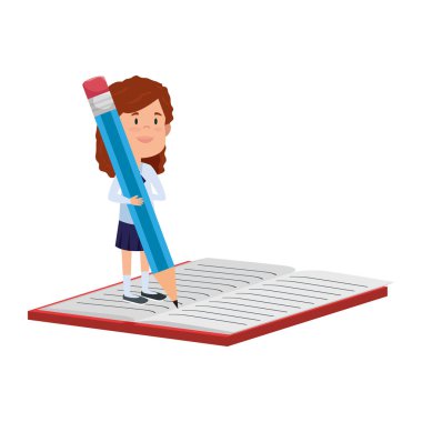 kitapta kalemle yazan mutlu öğrenci kız