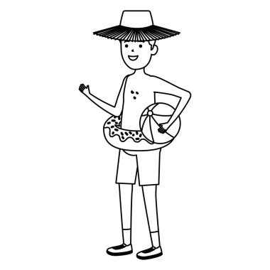 Donut yüzen ve balon plajlı genç adam.