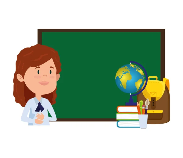 Happy student girl with chalkboard and world map — Stock Vector