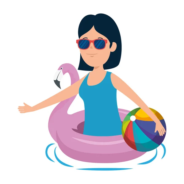 Šťastná mladá dívka s vlámskou plavou a plážovou hračkou — Stockový vektor