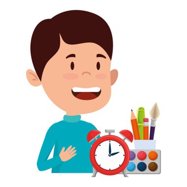 çalar saat ve malzemeleri ile mutlu öğrenci çocuk