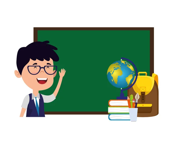 Happy student boy with chalkboard and world map — Stock Vector