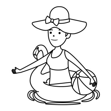 flaman şamandıra ve balon plaj oyuncak ile mutlu genç kız