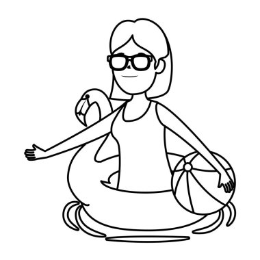 flaman şamandıra ve balon plaj oyuncak ile mutlu genç kız