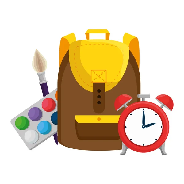 Bolsa de escuela con despertador y materiales de pintura — Vector de stock