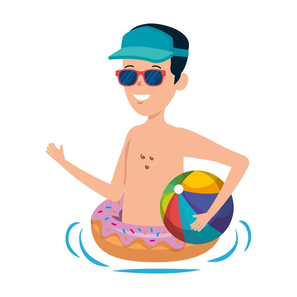 Joven con flotador de donas y playa de globos — Vector de stock