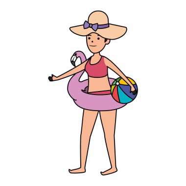 flaman şamandıra ve balon plaj oyuncak ile mutlu genç kız