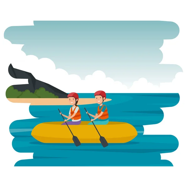 Feliz pareja atlética en kayak en la playa — Vector de stock