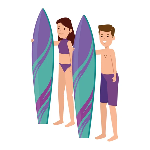 서핑 스포츠를 연습 하는 행복 한 운동 커플 — 스톡 벡터