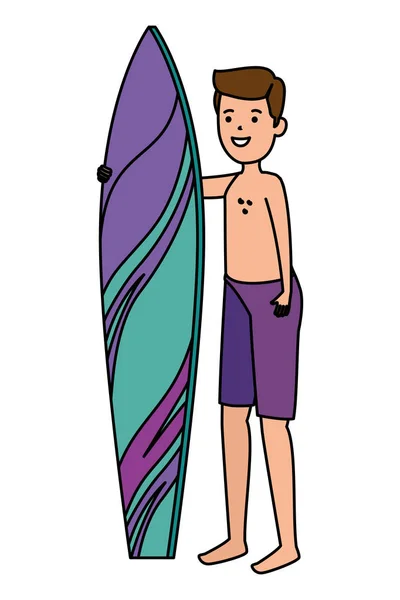 Junger Mann mit Badeanzug und Surfbrett — Stockvektor