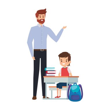 erkek öğretmen ile okul masasında oturan öğrenci çocuk