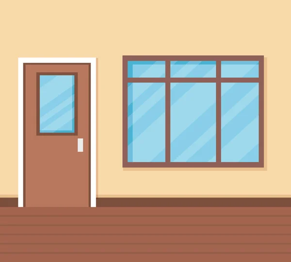 Corredor da escola com porta e janela — Vetor de Stock