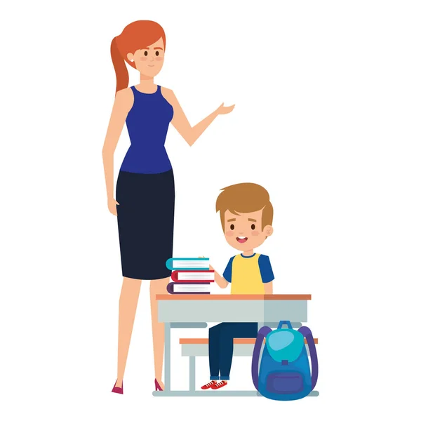 Estudante menino sentado na mesa da escola com professor feminino — Vetor de Stock