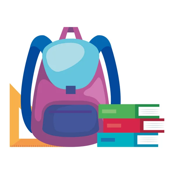 Suministro de bolsas escolares con libros y reglas — Vector de stock