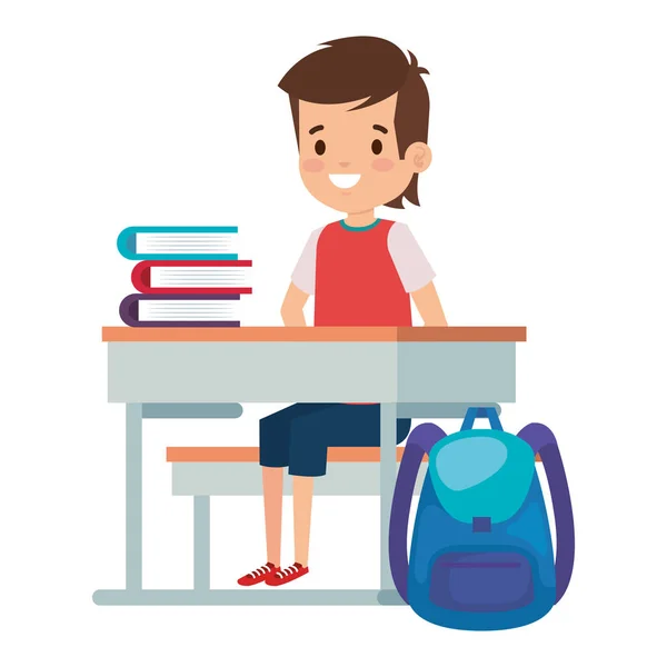 Student boy seated in school desk with books and bag — Stock Vector