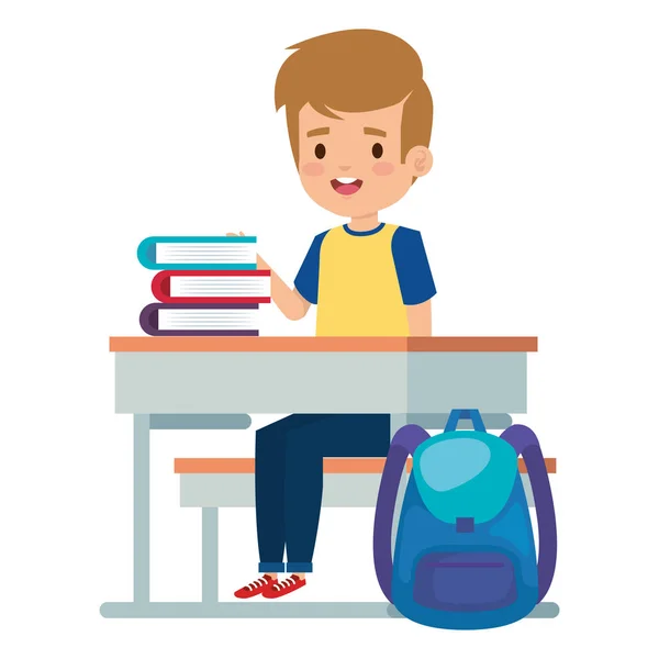 Student boy seated in school desk with books and bag — Stock Vector