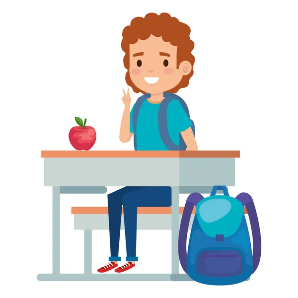 Student jongen zittend in school Bureau met appel en tas — Stockvector