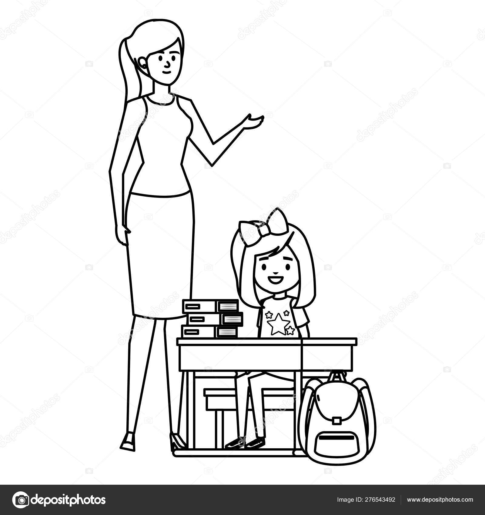 Siswi Di Meja Sekolah Dengan Guru Perempuan Stok Vektor Yupiramos 276543492