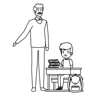 erkek öğretmen ile okul masasında oturan öğrenci çocuk