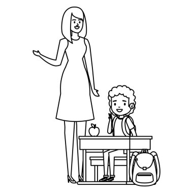 öğrenci erkek kadın öğretmen ile okul masasında oturan