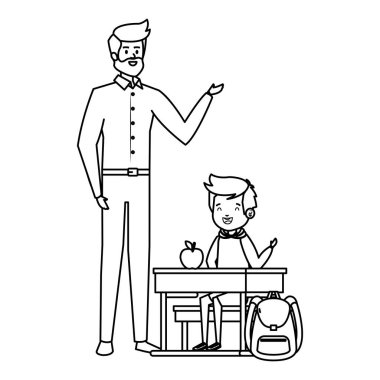 erkek öğretmen ile okul masasında oturan öğrenci çocuk