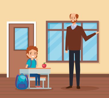 okul sahnesinde öğrenci çocuk ile erkek öğretmen