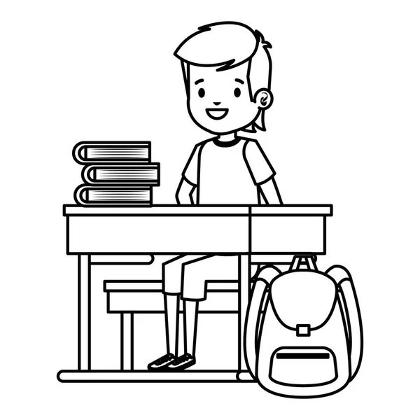 Μαθητής που κάθεται στο σχολικό γραφείο με βιβλία και τσάντα — Διανυσματικό Αρχείο