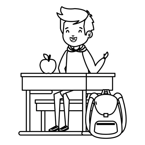 Student boy seated in school desk with apple and bag — Stock Vector