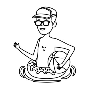 Donut yüzen ve balon plajlı genç adam.