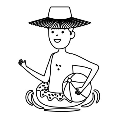 Donut yüzen ve balon plajlı genç adam.