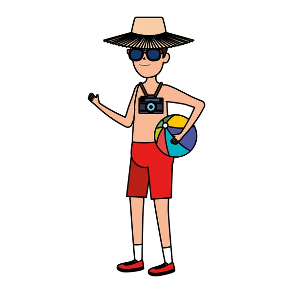 Jeune homme avec maillot de bain et plage de ballon — Image vectorielle