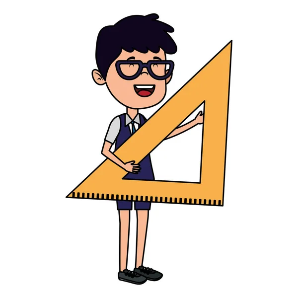 Feliz estudiante chico con regla triángulo — Vector de stock