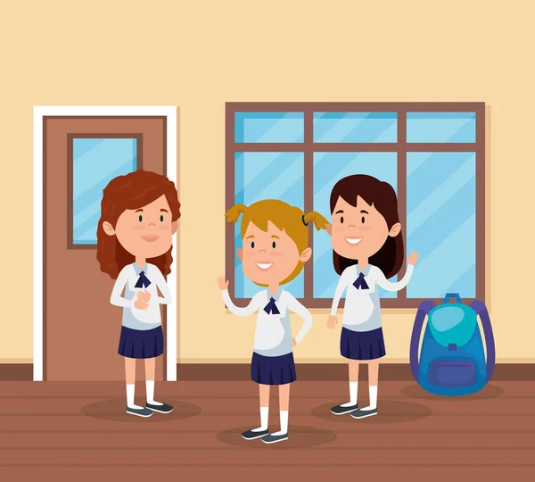 Kis diákok lányok az iskolában jelenet — Stock Vector